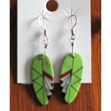 Native American Mosaic Inlayed Green Leaf Slab Style Earrings.