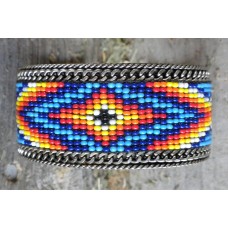 Handcrafted Southwest Style Beaded Cuff Bracelet Yellow/Orange/Blue/Black/Yellow.1½"