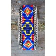 Handcrafted Southwest Style Beaded Cuff Bracelet Black/White/Orange.1"