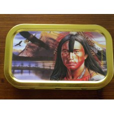 Tobacco Tin 1oz. Native American Indian and eagle flying.
